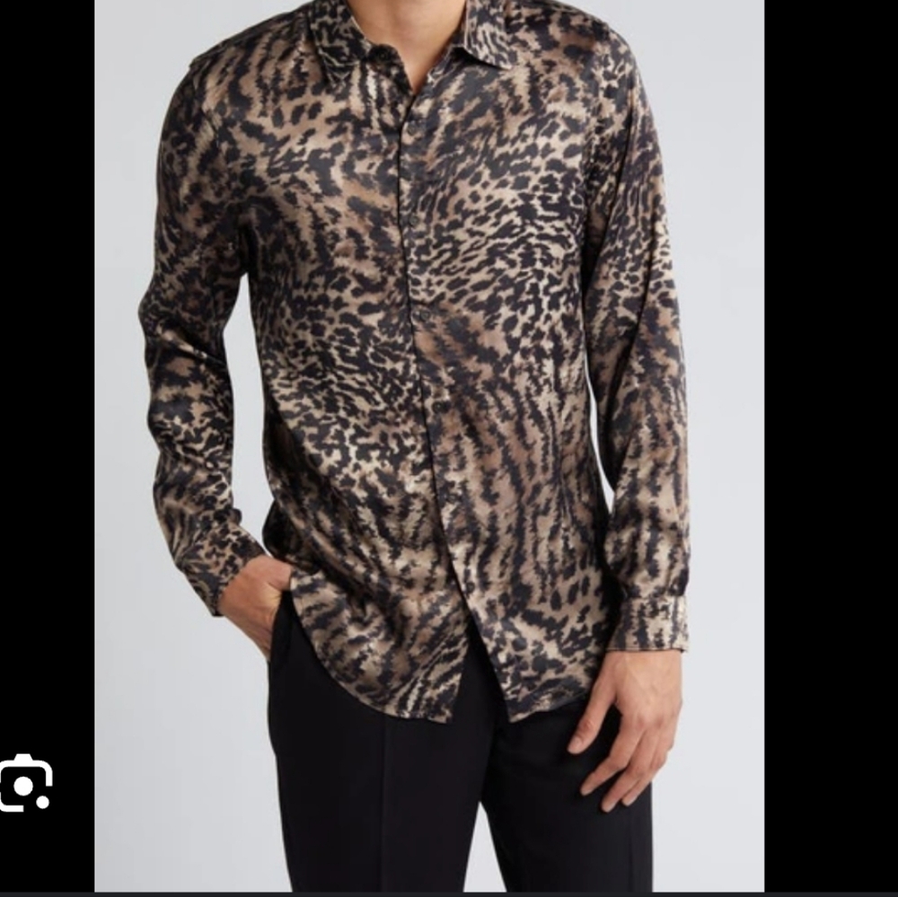 OPEN EDIT NWT Animal Print Satin Button up in Brown Seal Cheetah Size L